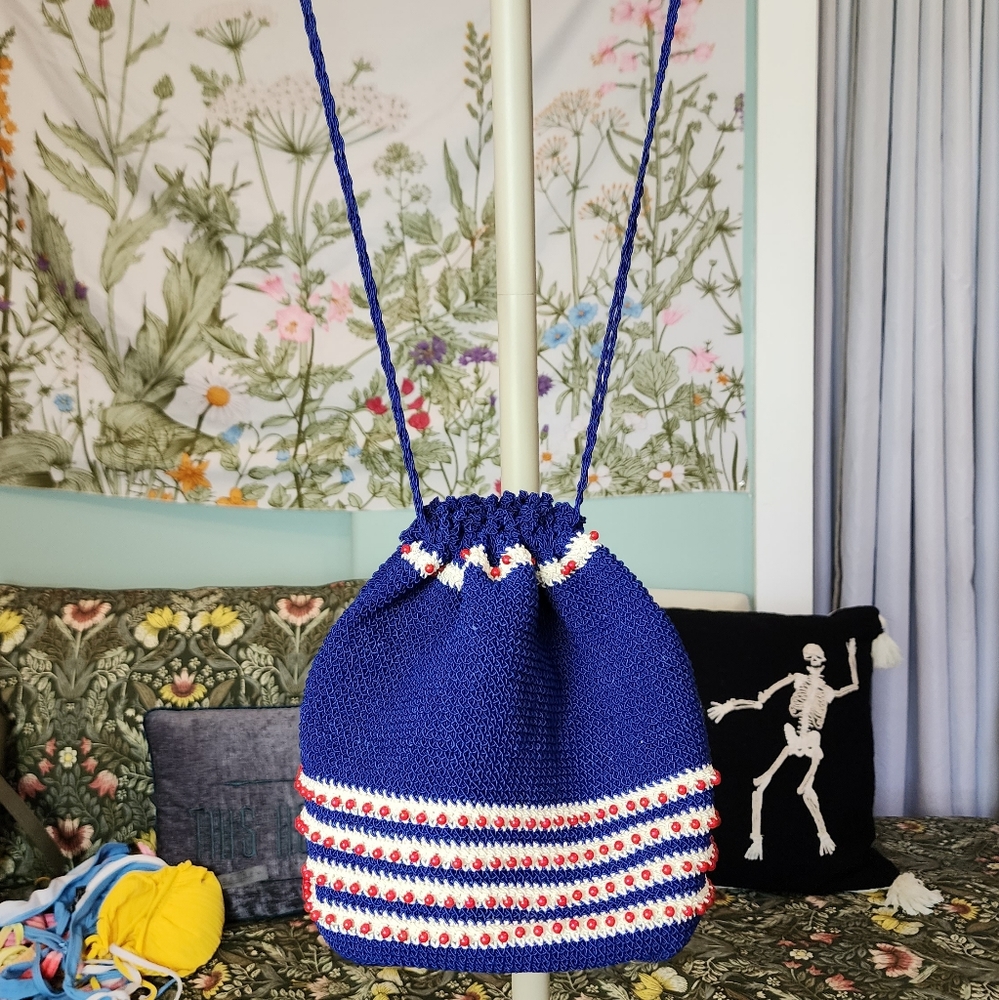 Crochet red white and blue pullstring bag with red beads